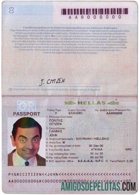 Passaporte da Grécia exemplo